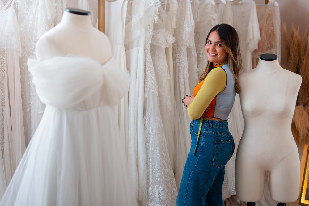 Seamstress adjusting a gown at a wedding dress fitting.