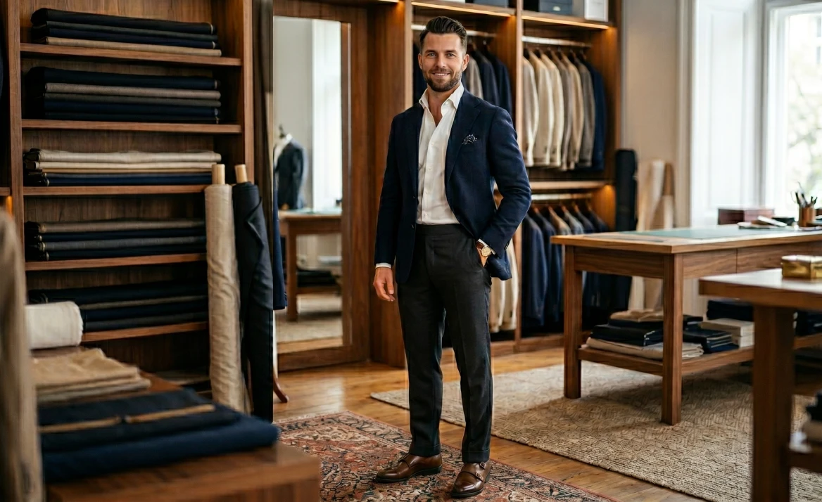 A man wearing a perfectly fitted navy blue semi-formal blazer and crisp white shirt standing in an elegant tailor shop.